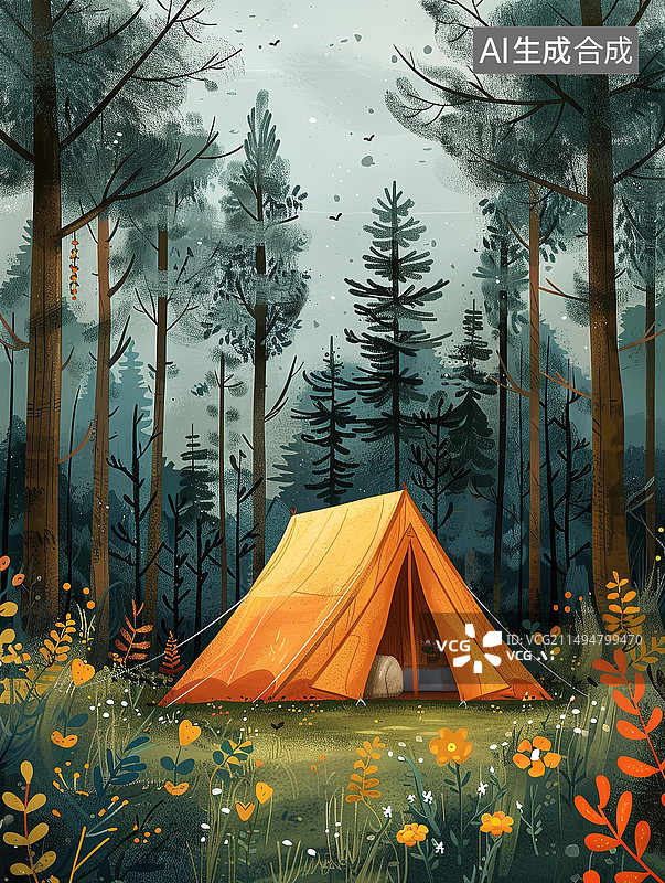 【AI数字艺术】森林中户外露营，颗粒肌理风格插画，儿童插画图片素材