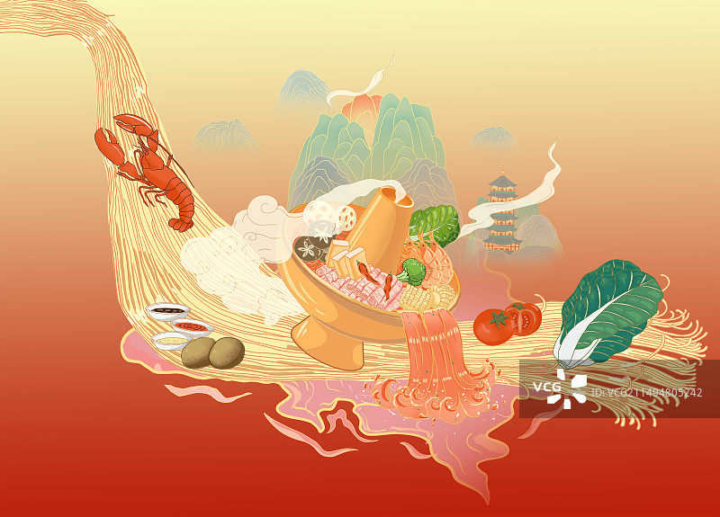 火锅龙虾面条美食蔬菜远山塔图片素材