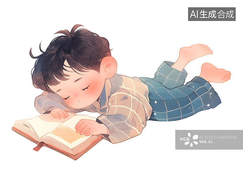 【AI数字艺术】趴着看书的孩子插画图片素材