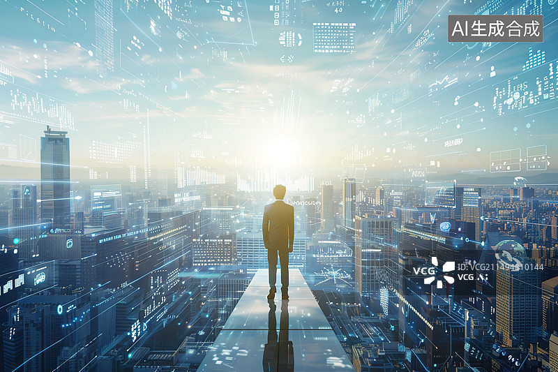 【AI数字艺术】城市高楼背景下身穿正装的男性商人后视图图片素材