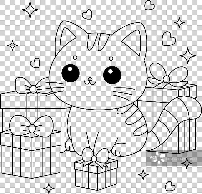 礼物盒可爱猫咪涂色页图片素材