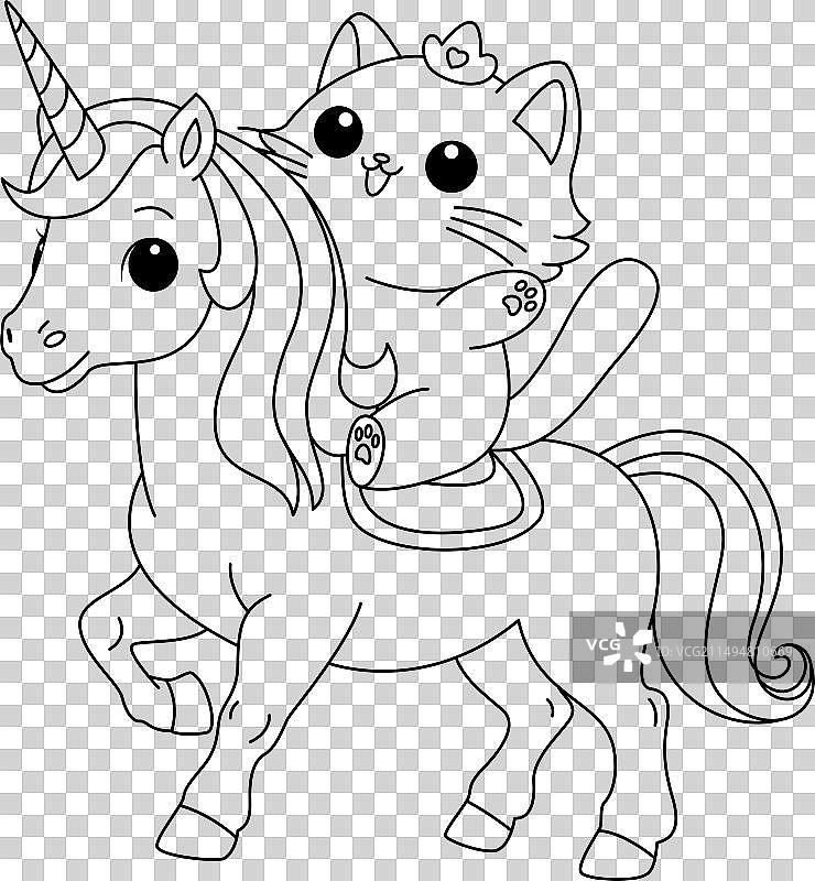 骑独角兽的可爱猫咪涂色页图片素材