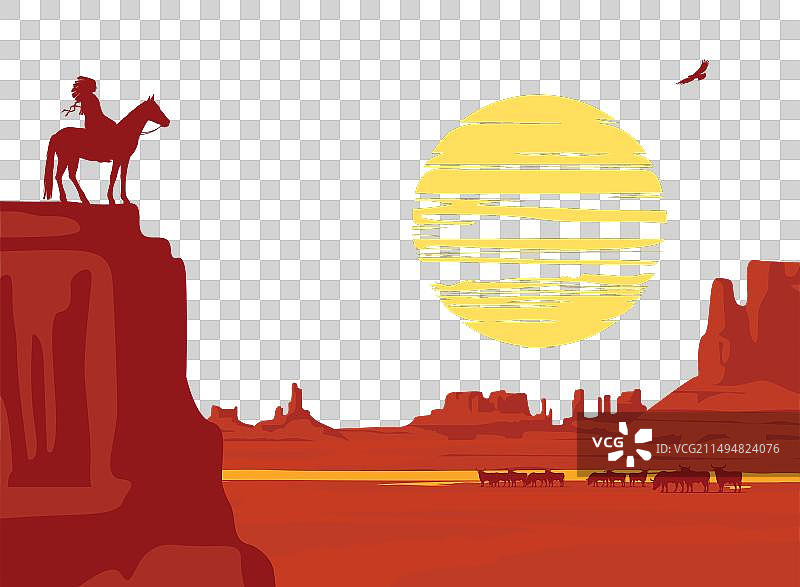 具有印第安人和野牛群的西部景观图片素材