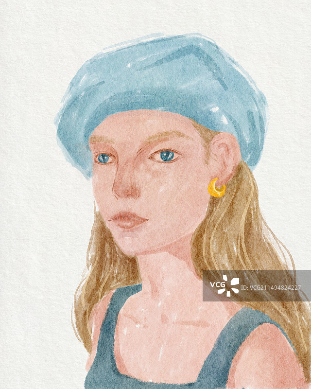 一个戴蓝色帽子，穿深蓝连衣裙的欧洲女人图片素材