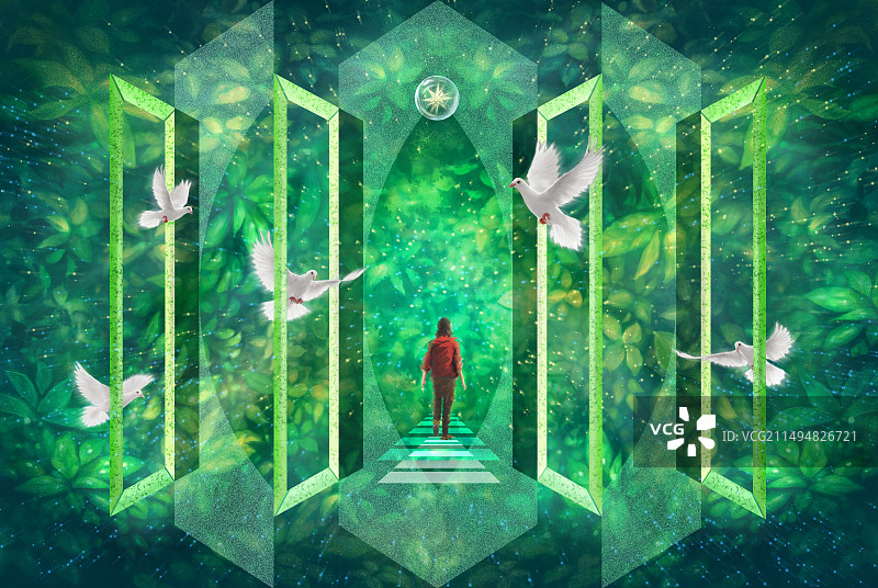 走进绿色秘境插画壁纸图片素材
