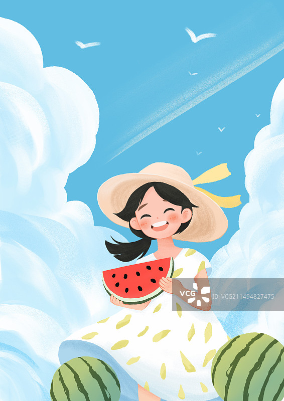 夏日蓝天下捧西瓜的女孩节日节气插画图片素材