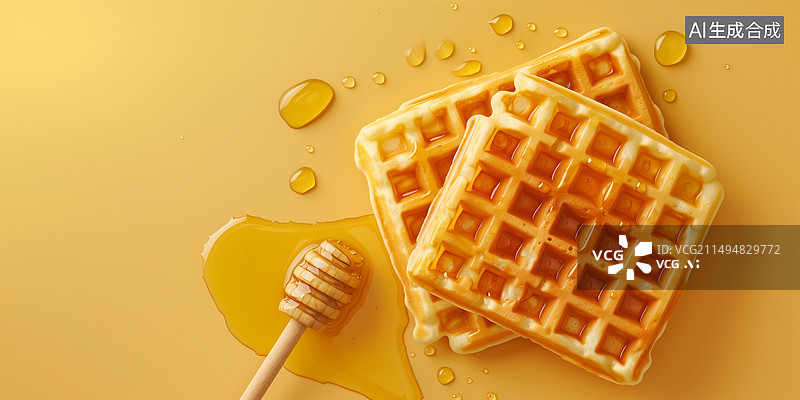 【AI数字艺术】桌面上沾满蜂蜜的华夫饼俯视3D简约背景图片素材