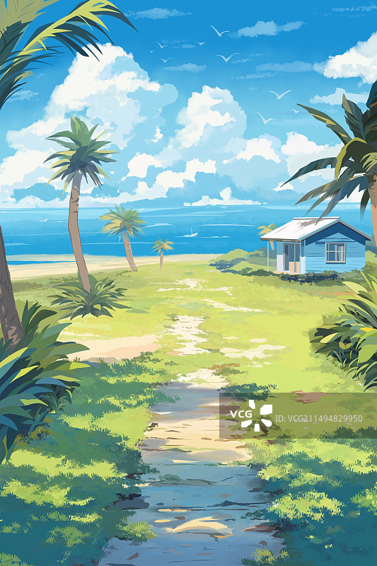 沙滩海边椰子树房子清新治愈风景场景插画壁纸背景海报杂志内页小说封面图片素材