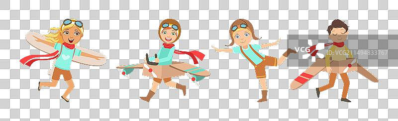 快乐的孩子们扮演飞行员，拿着飞机和翅膀图片素材