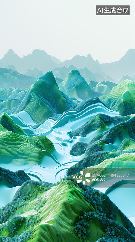 【AI数字艺术】有亭台楼阁小桥流水的仙境绿色山水3D卡通插画图片素材