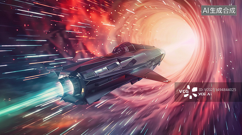 【AI数字艺术】科幻主题插画——一艘太空船在太空旅行，正在穿越虫洞图片素材