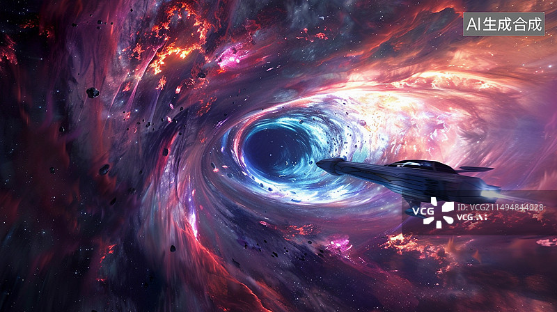 【AI数字艺术】科幻主题插画——一艘太空船在太空旅行，正在穿越虫洞图片素材