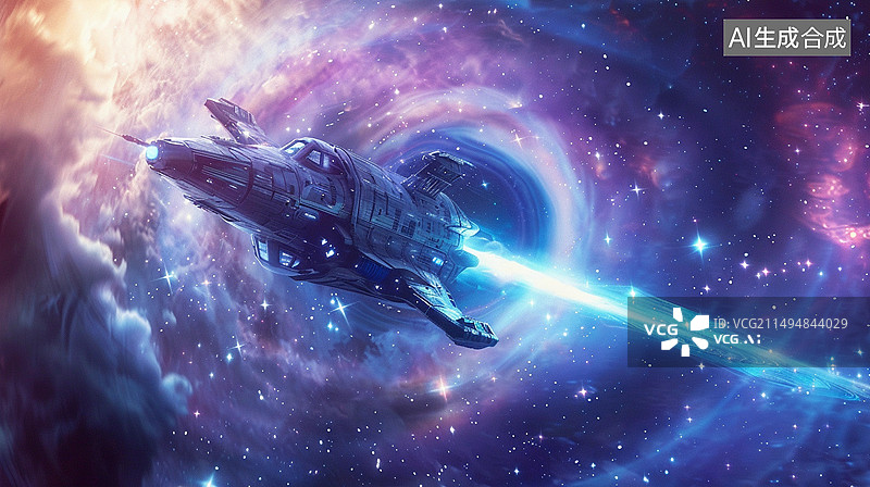 【AI数字艺术】科幻主题插画——一艘太空船在太空旅行，正在穿越虫洞图片素材