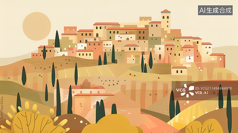 【AI数字艺术】极简插画——乡村小镇的田园风情图片素材