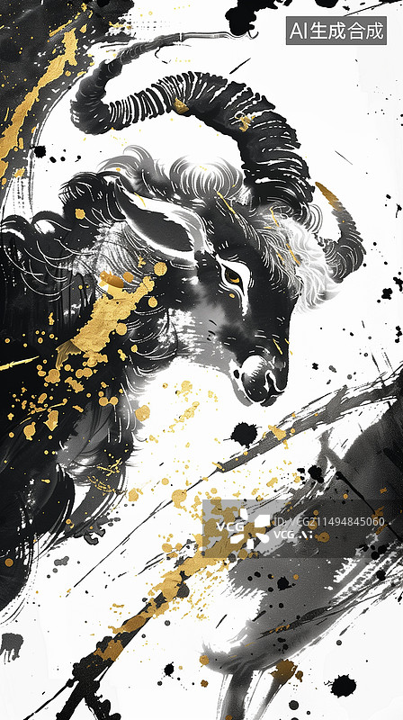 【AI数字艺术】中国风写意抽象黑白水墨生肖羊动物插画图片素材