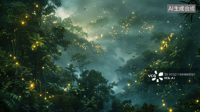【AI数字艺术】梦幻的森林和萤火虫图片素材