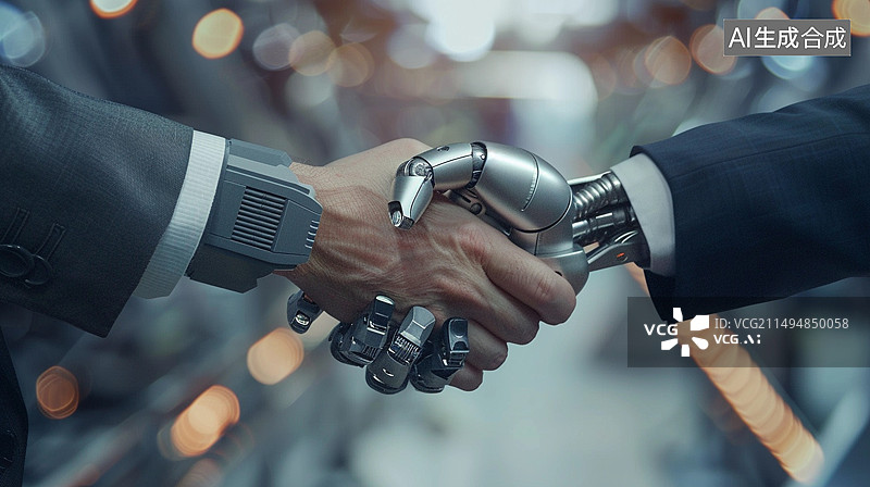 【AI数字艺术】人类与人工智能机器人的握手图片素材