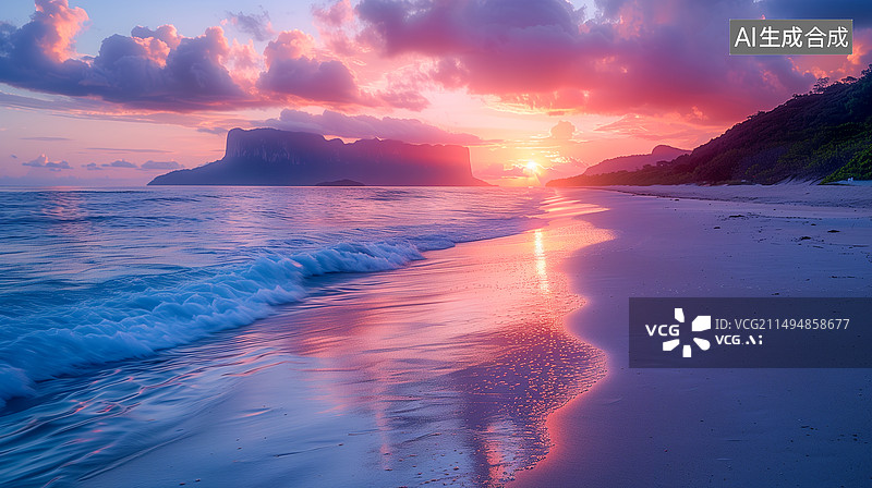 【AI数字艺术】日落时海景映衬着戏剧性的天空图片素材