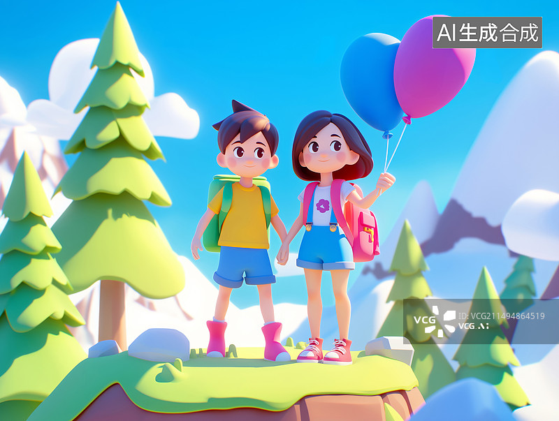 【AI数字艺术】3D渲染的儿童春游秋游研学户外活动插画图片素材