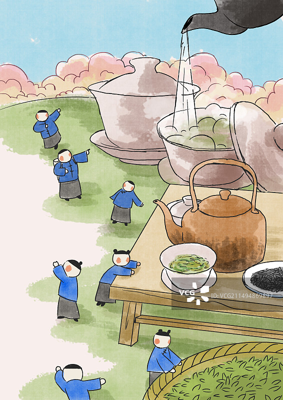 水墨风水墨画中国风新中式古风古典传统文化二十四节气春天春季采茶制茶饮茶喝茶可爱卡通趣味插画图片素材