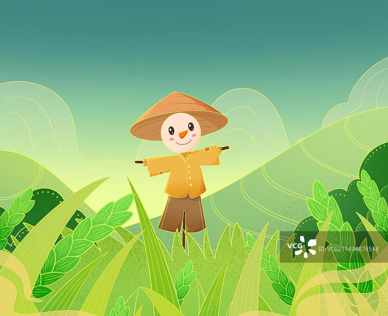 小满节气中国风稻田里的稻草人插画图片素材