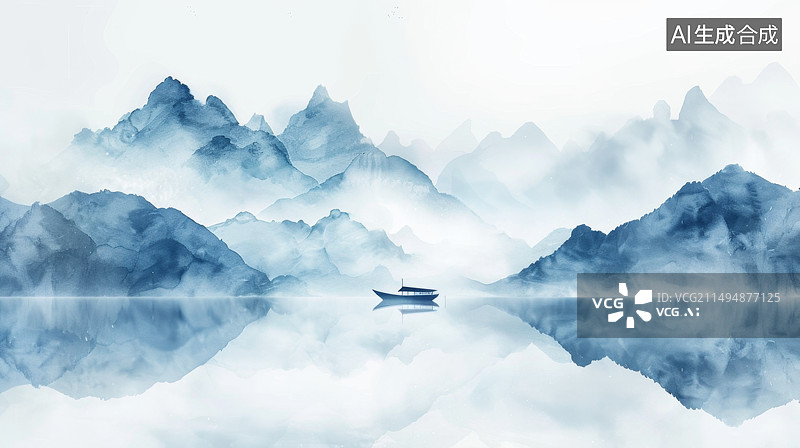 【AI数字艺术】烟雾缭绕的青色山水风光图片素材
