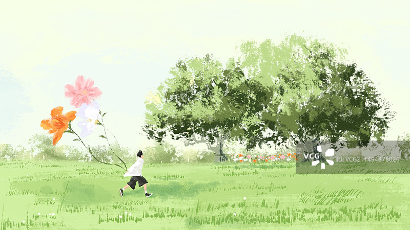 在草地上奔跑的男孩图片素材