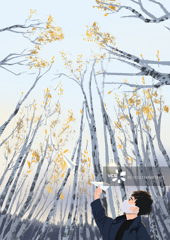 站在树旁飞纸飞机的男孩图片素材