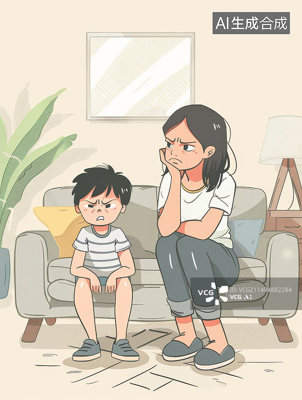 【AI数字艺术】懊恼的孩子和生气的母亲插画图片素材