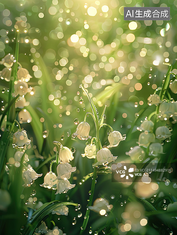 【AI数字艺术】雨中的铃兰花沾满露珠图片素材