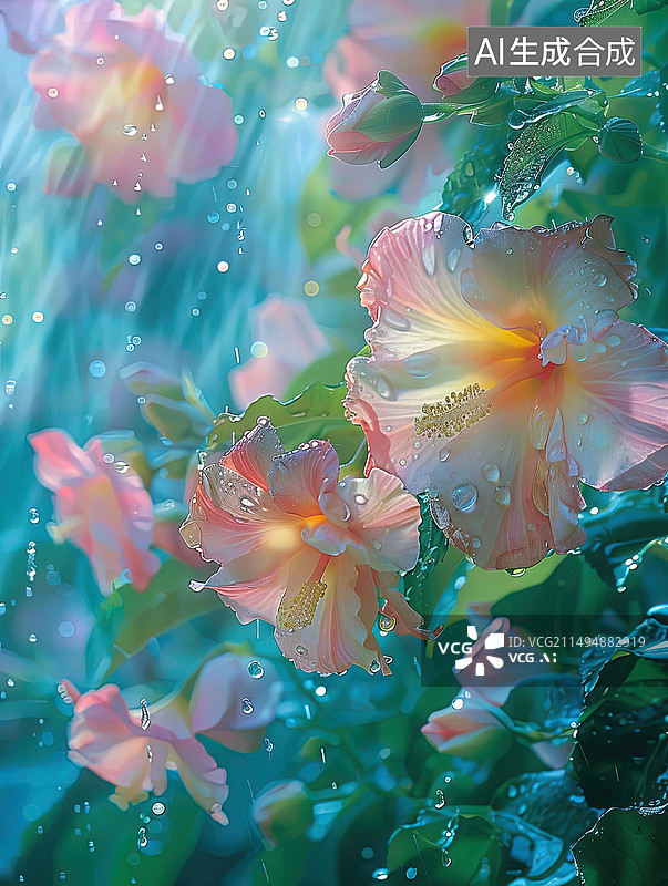 【AI数字艺术】雨水中沾满露珠的朱槿花图片素材