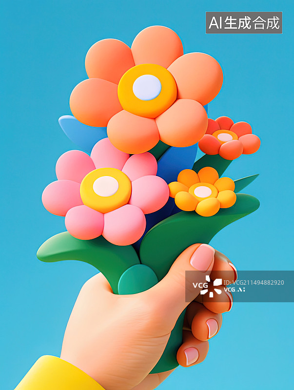 【AI数字艺术】3D一手握着可爱花束图片素材