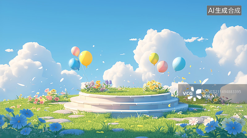 【AI数字艺术】夏日鲜花电商产品展台儿童节游乐场场景图片素材