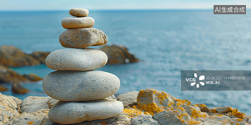 【AI数字艺术】在海滩上用石头堆成的石头堆后面是海水图片素材