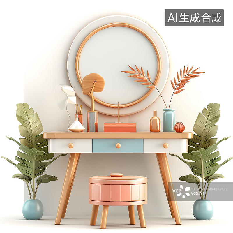 【AI数字艺术】梳妆台配圆镜和粉色凳子图片素材