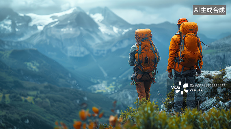 【AI数字艺术】攀登者在山顶望着远方，成功者展望未来概念配图图片素材