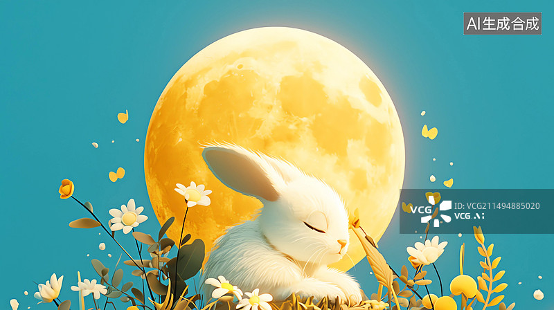 【AI数字艺术】3D卡通在月亮下睡觉的可爱兔子图片素材