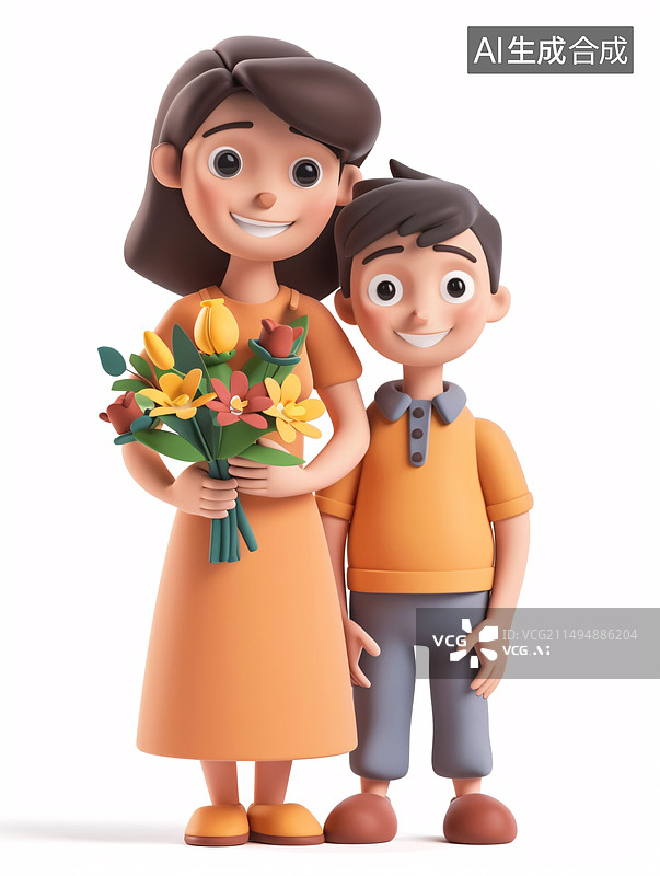 【AI数字艺术】母亲节儿子送花给妈妈母子献花场景3D插画图片素材