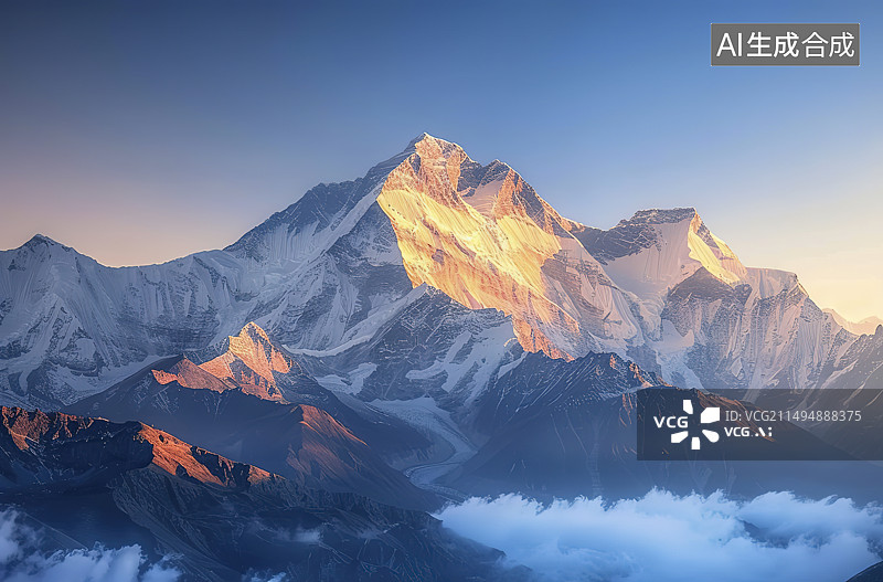 【AI数字艺术】日落时白雪皑皑的群山景色图片素材
