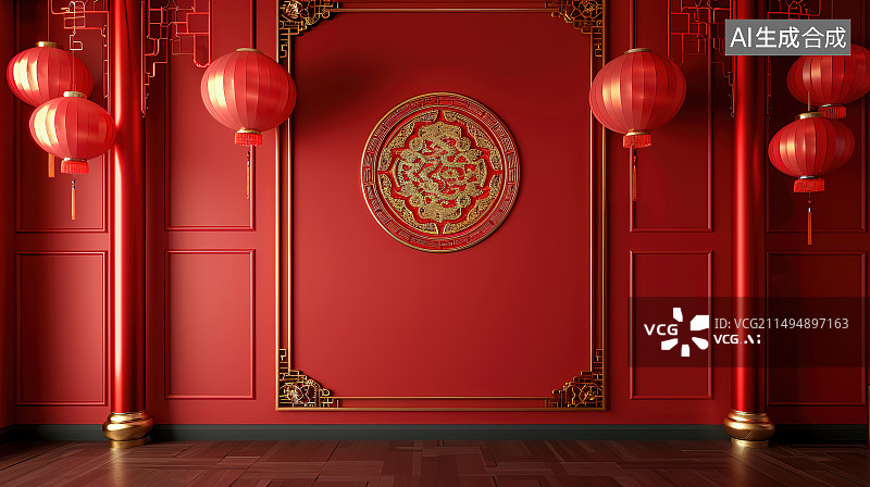 【AI数字艺术】红色背景下的中式灯笼图片素材