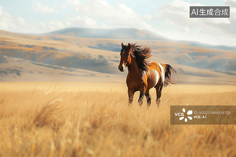 【AI数字艺术】草原上奔跑的的野马图片素材