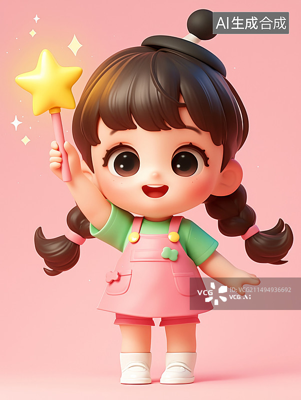 【AI数字艺术】三维图形可爱的小女孩举着星星图片素材