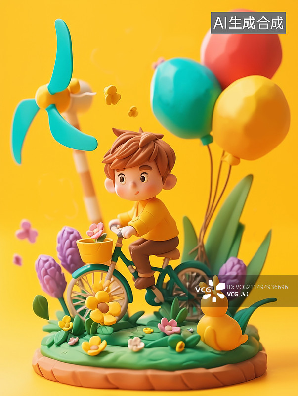 【AI数字艺术】黏土动画黄色背景下男孩骑自行车图片素材