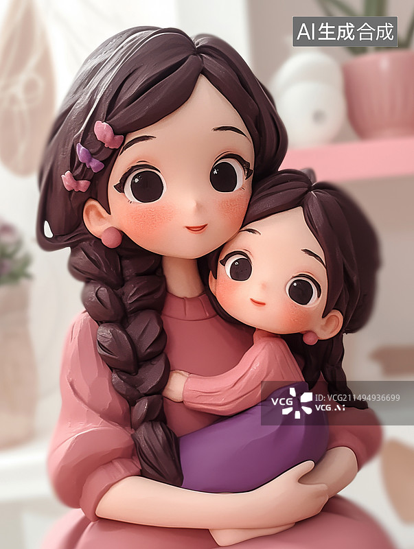 【AI数字艺术】黏土动画可爱的小女孩和妈妈图片素材