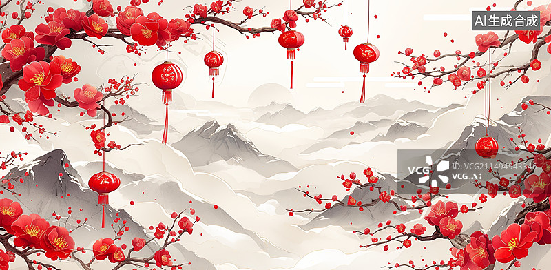 【AI数字艺术】新年春节灯笼山水插画图片素材
