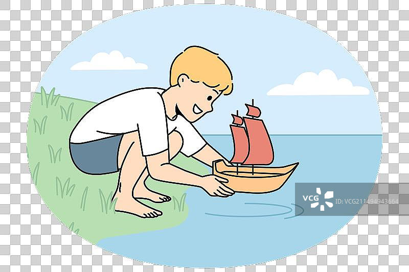 快乐孩子在水中放玩具船图片素材