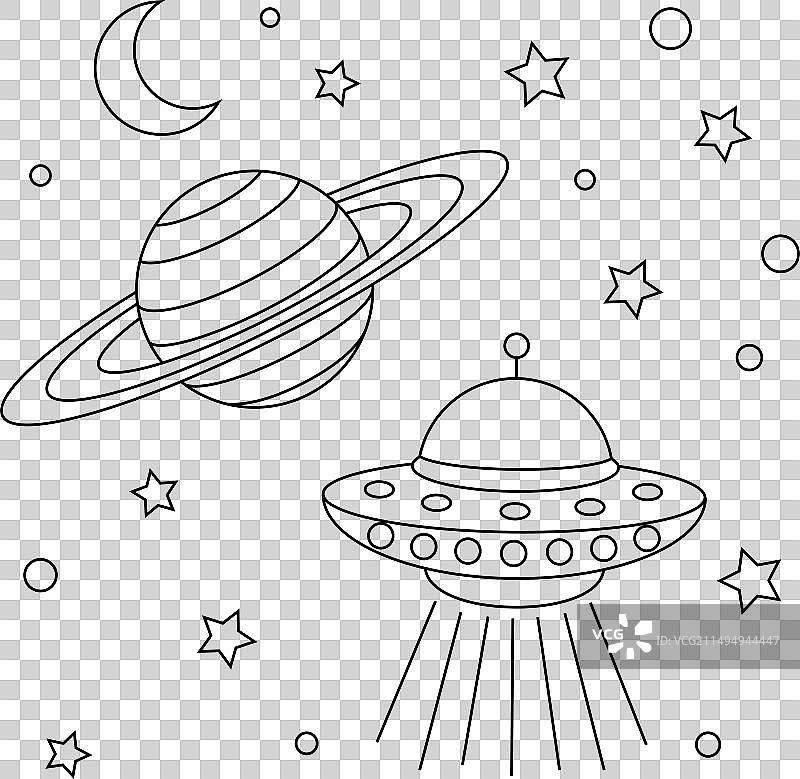 UFO飞船和土星着色页图片素材