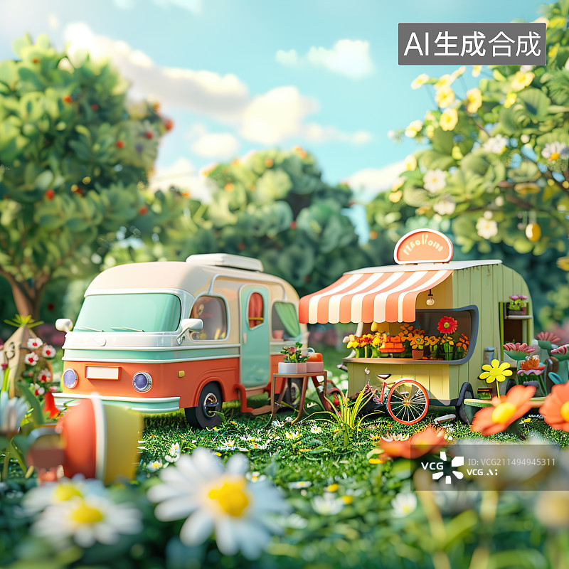 【AI数字艺术】c4d风格旅行车风景户外立体模型三维图片素材