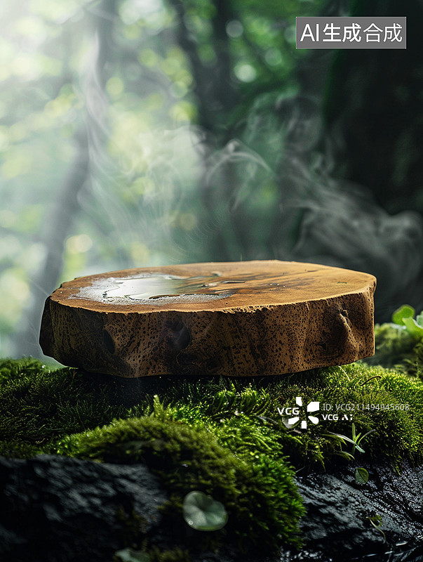 【AI数字艺术】产品展示背景——潮湿森林里的檀木与苔藓图片素材