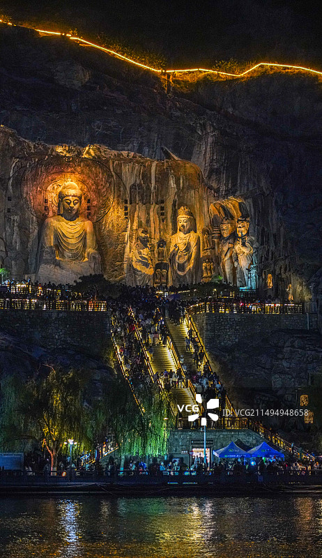 “夜游龙门”世界文化遗产洛阳龙门石窟夜景历史文化景观图片素材